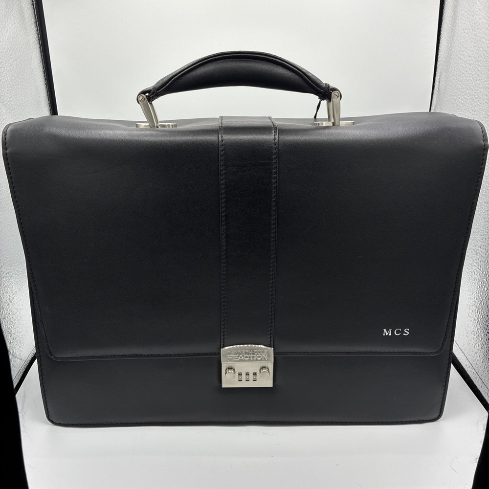 Kenneth Cole Reaction Leather Laptop Case Briefcase Black NWT W/ Strap & lock